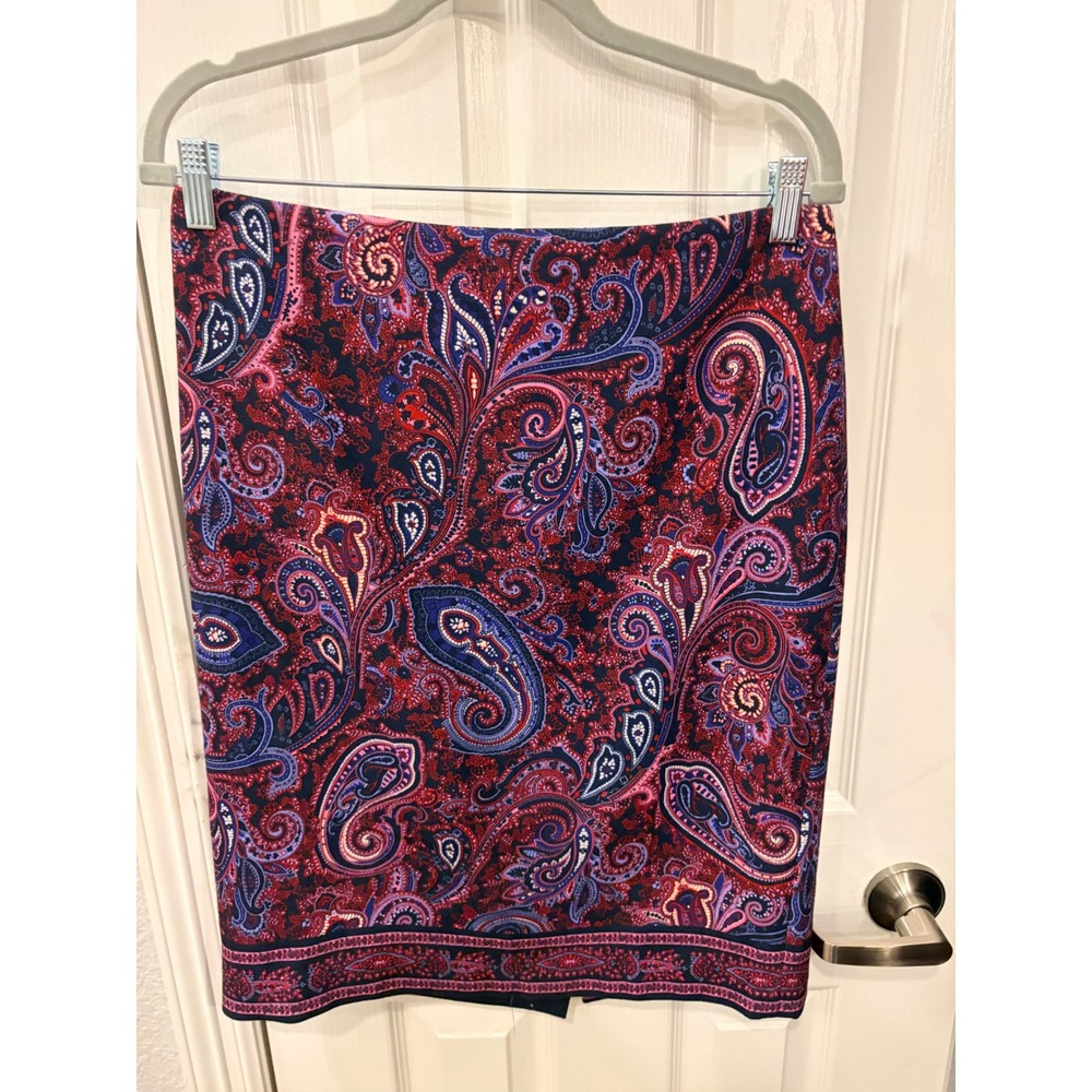 Talbots Pencil Skirt Red Navy Paisley Print Stretch Lined Knee Length Office